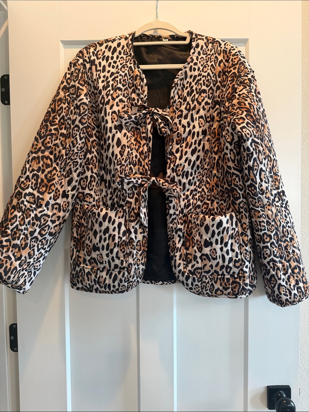 Leopard Print Quilted Tie-Front Jacket - Tan & Black